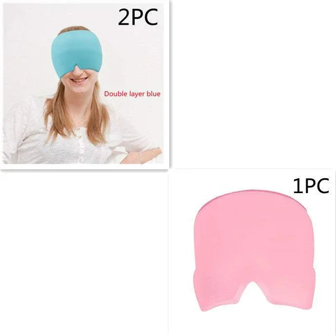 Woman wearing blue double-layer stretch eye mask, pink sleep mask shown beside, comfortable fit.
