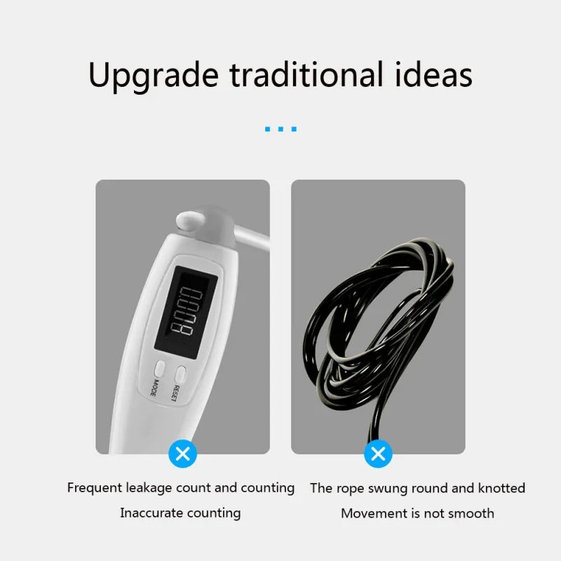 Electronic jump rope handle with digital display and coiled black fitness rope, comparison highlights common issues.