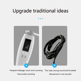 Electronic jump rope handle with digital display and coiled black fitness rope, comparison highlights common issues.
