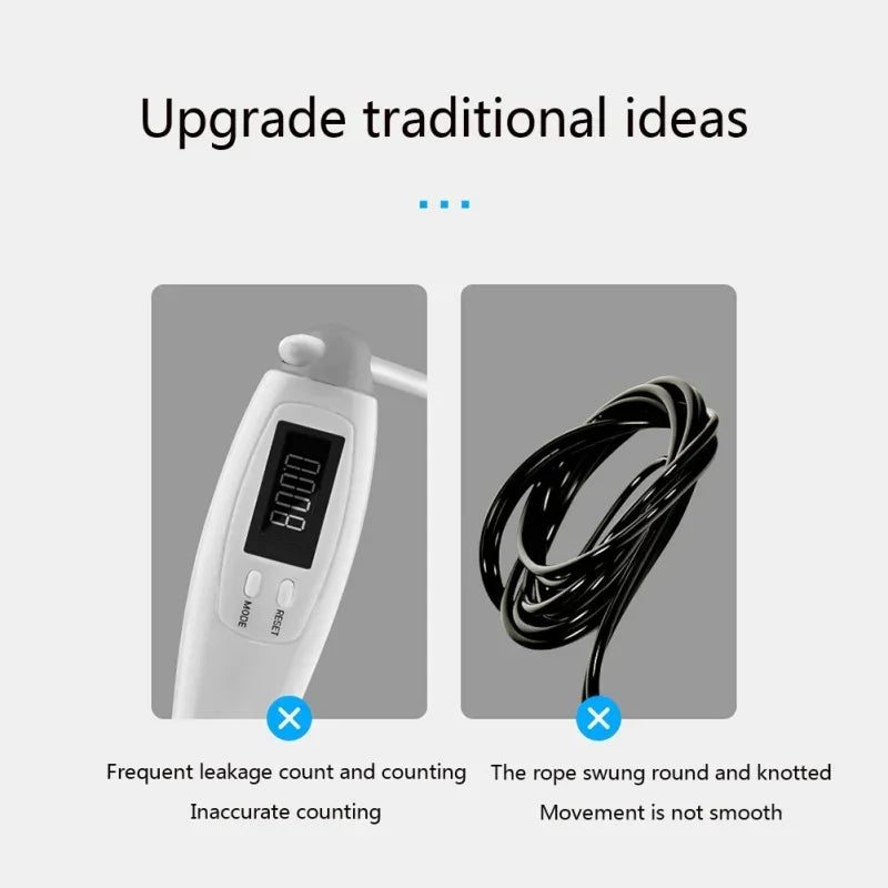 Electronic jump rope handle with digital display and coiled black fitness rope, comparison highlights common issues.