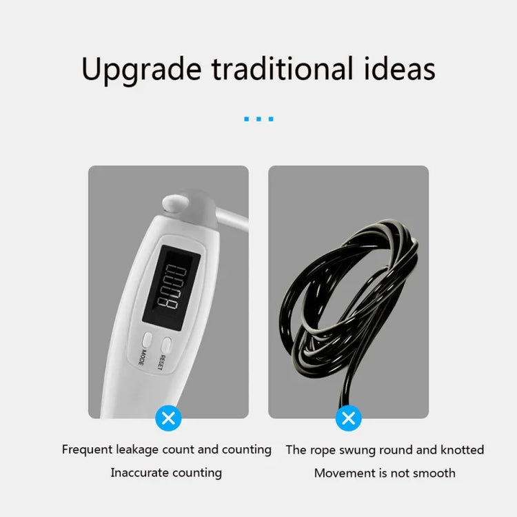 Electronic jump rope handle with digital display and coiled black fitness rope, comparison highlights common issues.