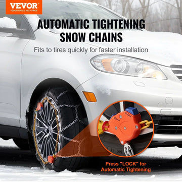 Automatic tightening snow chains installed on a car tire in winter, close-up of locking mechanism.