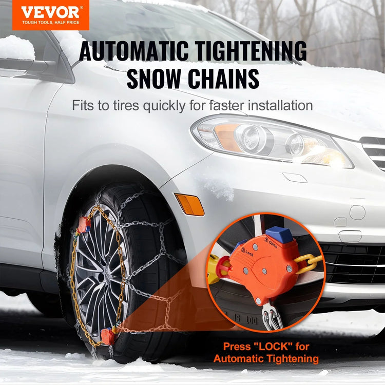 Automatic tightening snow chains installed on a car tire in winter, close-up of locking mechanism.