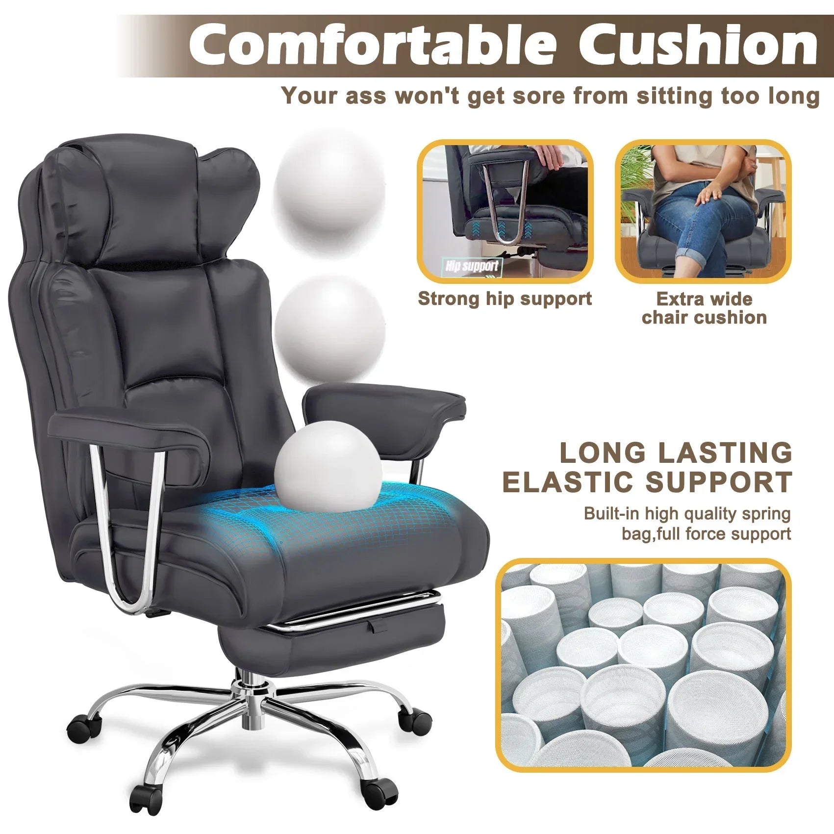 Ergonomic black leather office chair with thick cushioned seat, wide armrests, and strong hip support