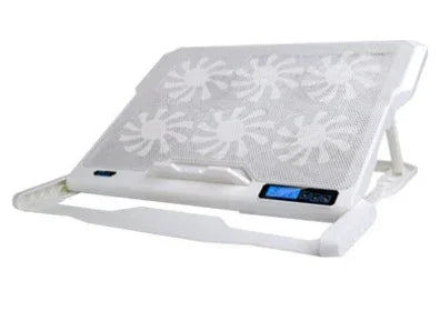 White adjustable laptop cooling stand with mesh surface and built-in cooling fans