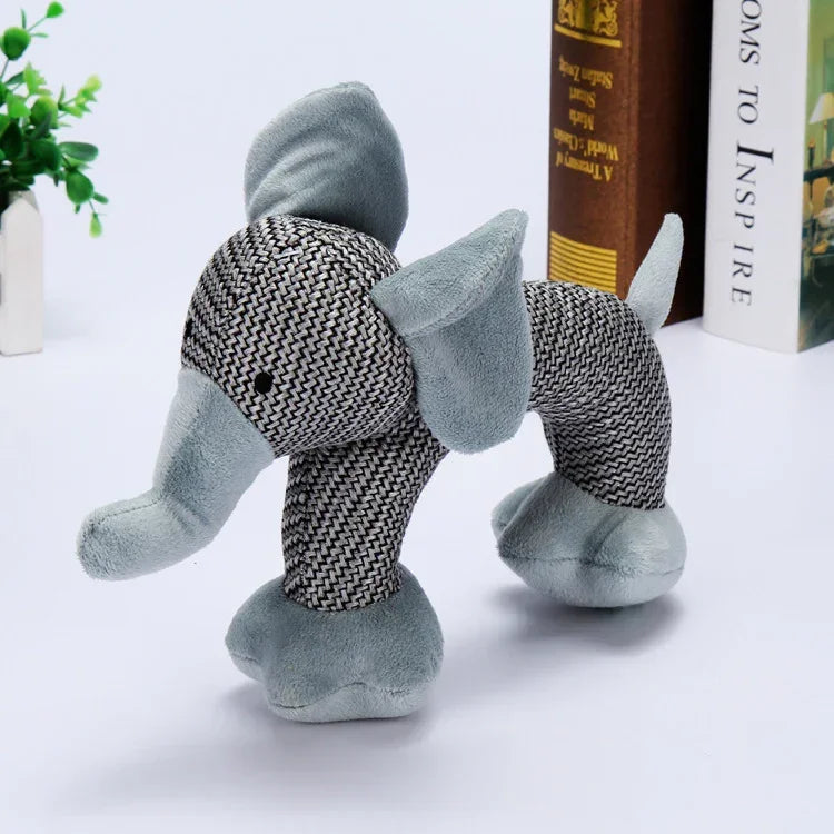 Gray and black plush elephant toy with patterned fabric and soft velvet accents