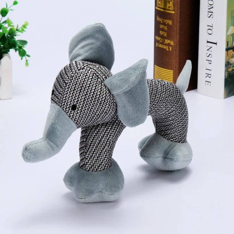 Gray and black plush elephant toy with patterned fabric and soft velvet accents
