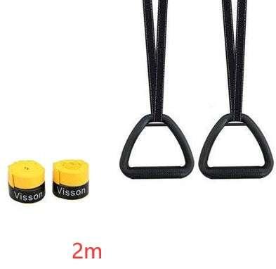 Black nylon fitness straps with triangle handles and yellow end caps, 2 meters length