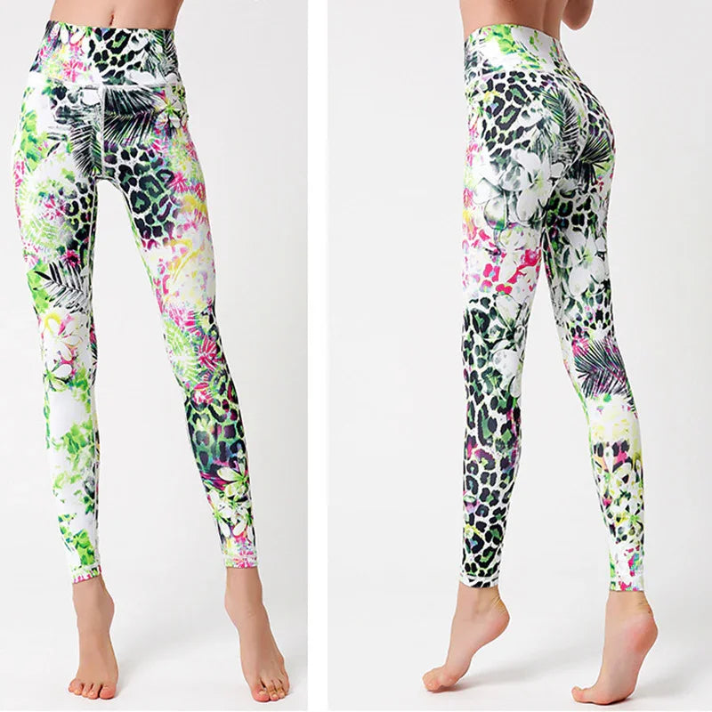 High-waisted leggings with colorful tropical floral and leopard print, slim fit, stretchy material