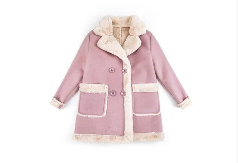Light pink faux fur coat with cream trim, double-breasted, oversized fit, winter outerwear