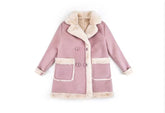 Light pink faux fur coat with cream trim, double-breasted, oversized fit, winter outerwear
