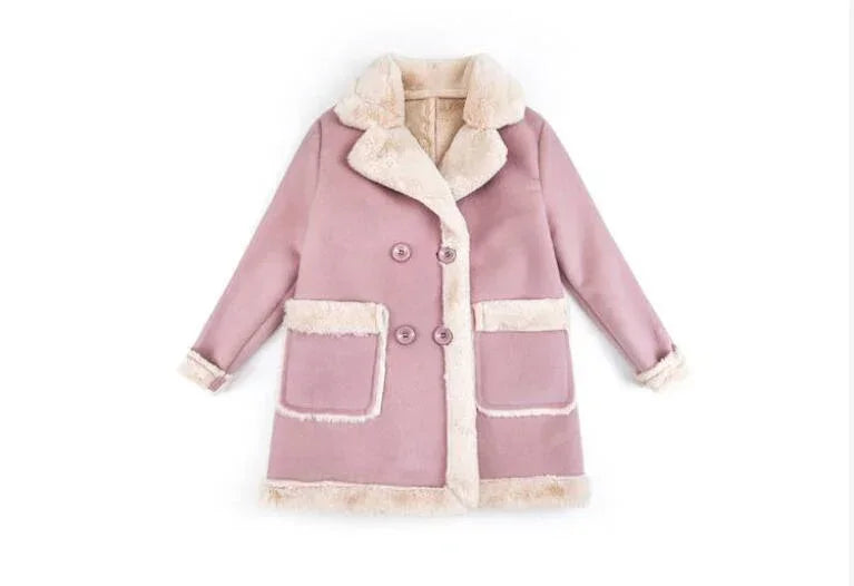 Light pink faux fur coat with cream trim, double-breasted, oversized fit, winter outerwear