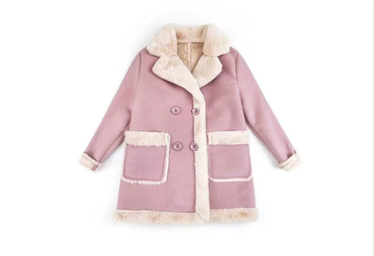 Light pink faux fur coat with cream trim, double-breasted, oversized fit, winter outerwear