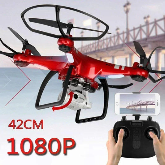 Red quadcopter drone with 1080p HD camera, black propeller guards, remote control and phone mount.