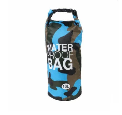 Blue camouflage waterproof dry bag, 10L capacity, roll-top closure, durable material