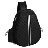 Black quilted backpack with white stripes, modern streetwear style, zippered pockets