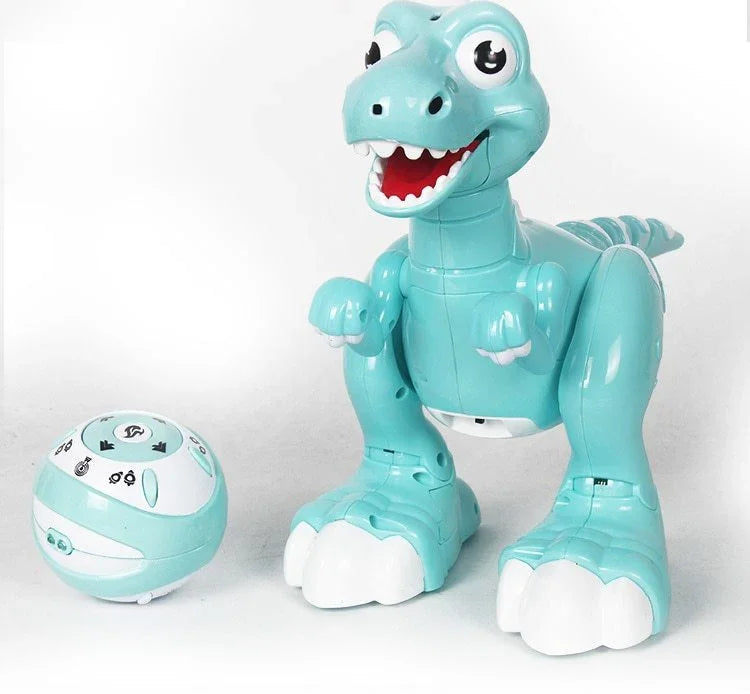 Mint green plastic dinosaur toy with remote control, robotic design, glossy finish