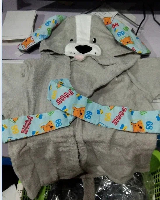 Gray hooded robe for kids with dog face, blue cartoon accents, soft plush material, relaxed fit.
