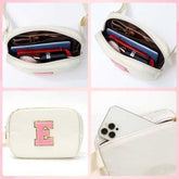 YOOLIFE Initial Crossbody Bag personalized white fanny pack with pink letter E embroidery and adjustable strap for women and teens