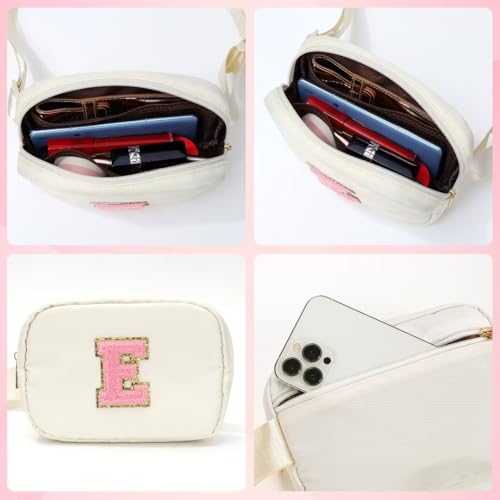 YOOLIFE Initial Crossbody Bag personalized white fanny pack with pink letter E embroidery and adjustable strap for women and teens