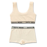 Beige cotton lounge set with crop tank top and high-waist shorts, elastic logo band, slim fit