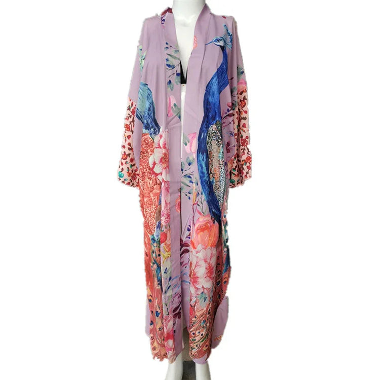 Lavender kimono robe with blue peacock and floral print, loose fit, lightweight fabric