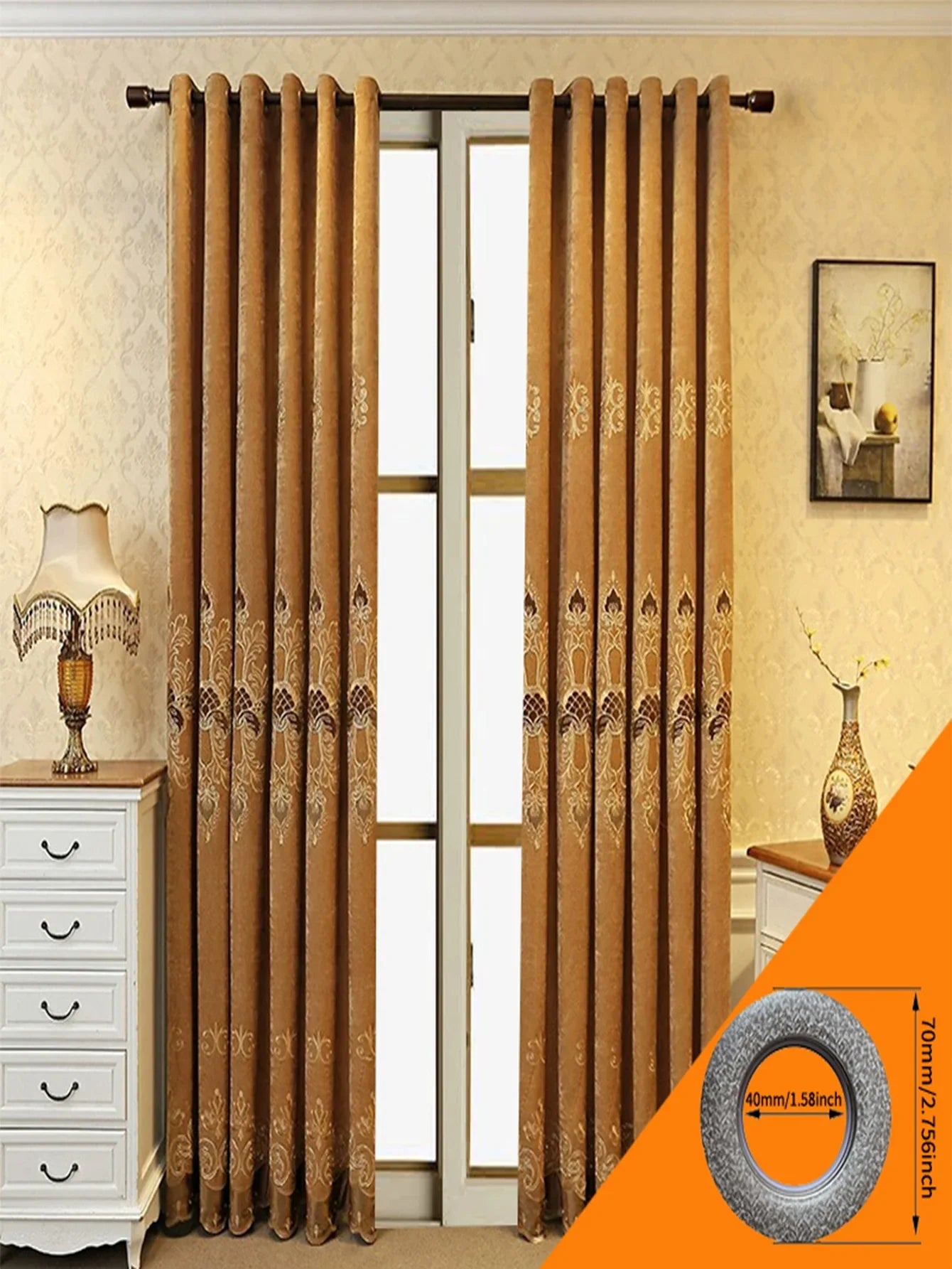 Gold velvet blackout curtains with floral patterns, grommet top, classic living room decor