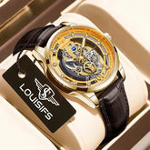 Gold skeleton mechanical watch with brown leather strap, see-through dial and diamond accents