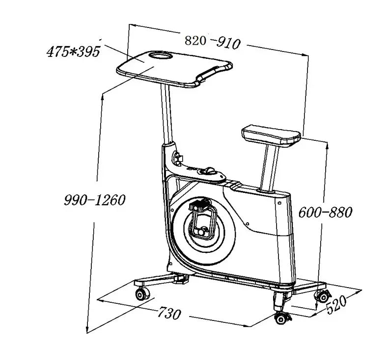 Adjustable sit-stand desk exercise bike with seat, pedals, and wheeled base, dimensions shown.
