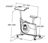 Adjustable sit-stand desk exercise bike with seat, pedals, and wheeled base, dimensions shown.