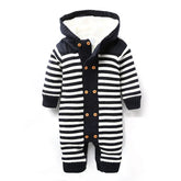 Navy and white striped knit baby romper with hood and wooden buttons, cozy fit