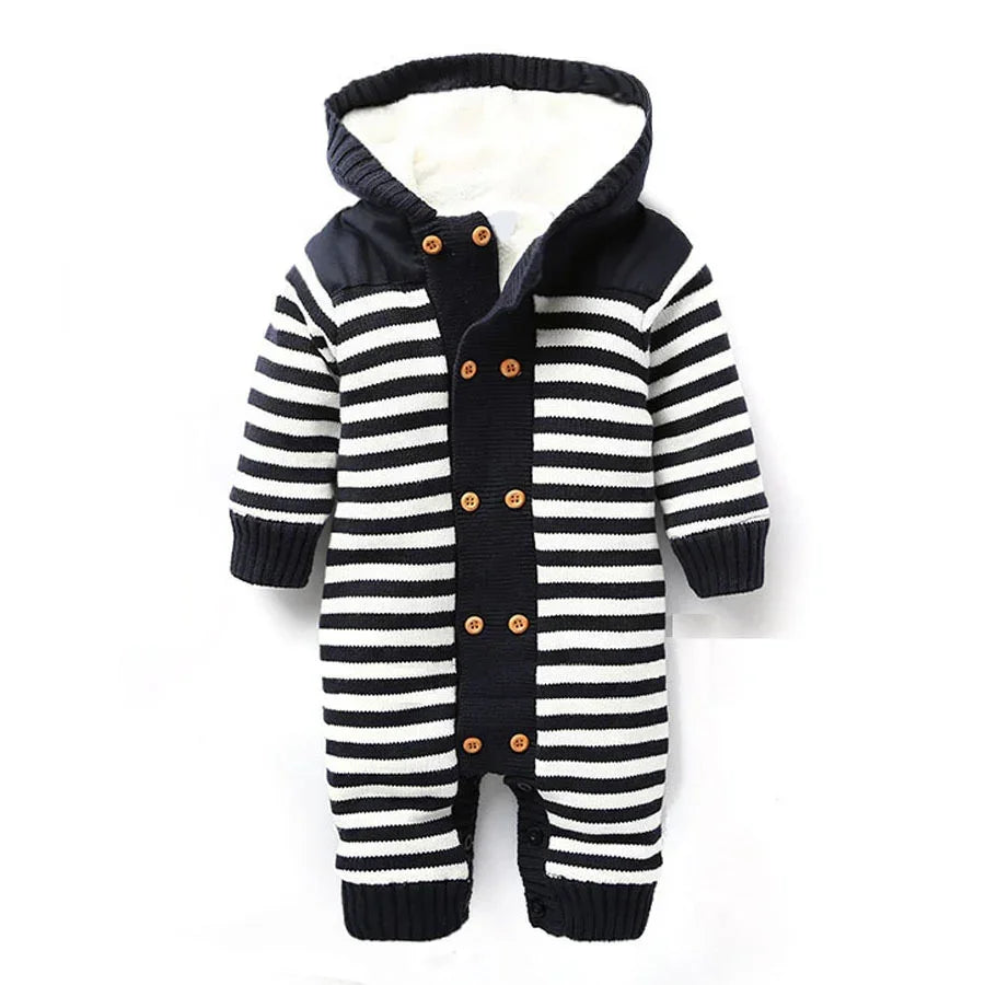 Navy and white striped knit baby romper with hood and wooden buttons, cozy fit
