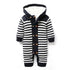 Navy and white striped knit baby romper with hood and wooden buttons, cozy fit