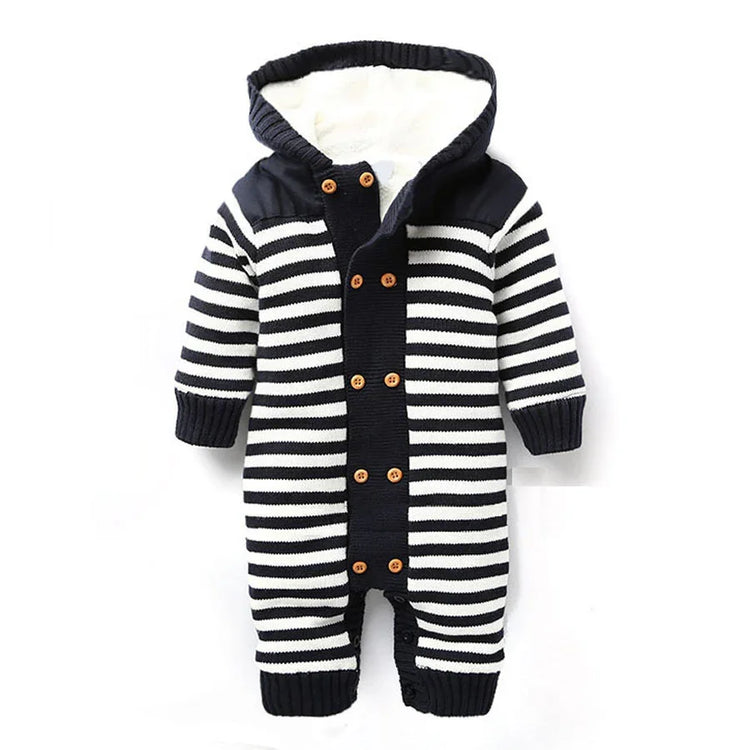Navy and white striped knit baby romper with hood and wooden buttons, cozy fit