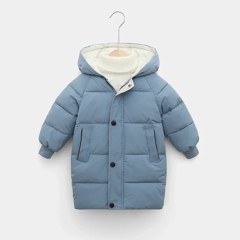 Light blue puffer coat with hood, quilted material, front pockets, relaxed fit