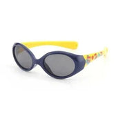 Oval-shaped sunglasses with dark lenses, blue front frame, and yellow arms with colorful prints.
