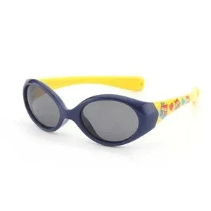 Oval-shaped sunglasses with dark lenses, blue front frame, and yellow arms with colorful prints.