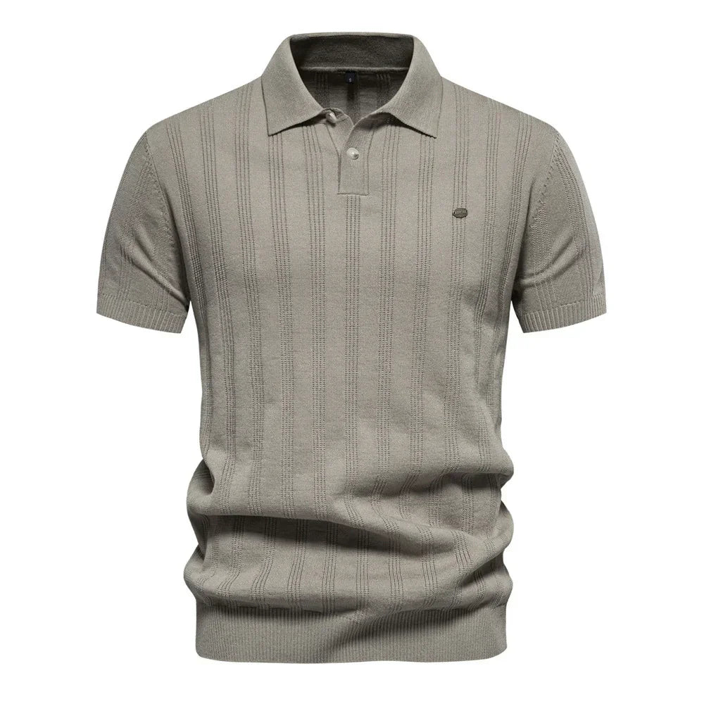 Men’s short sleeve knit polo shirt in light grey with textured vertical stripes and slim fit