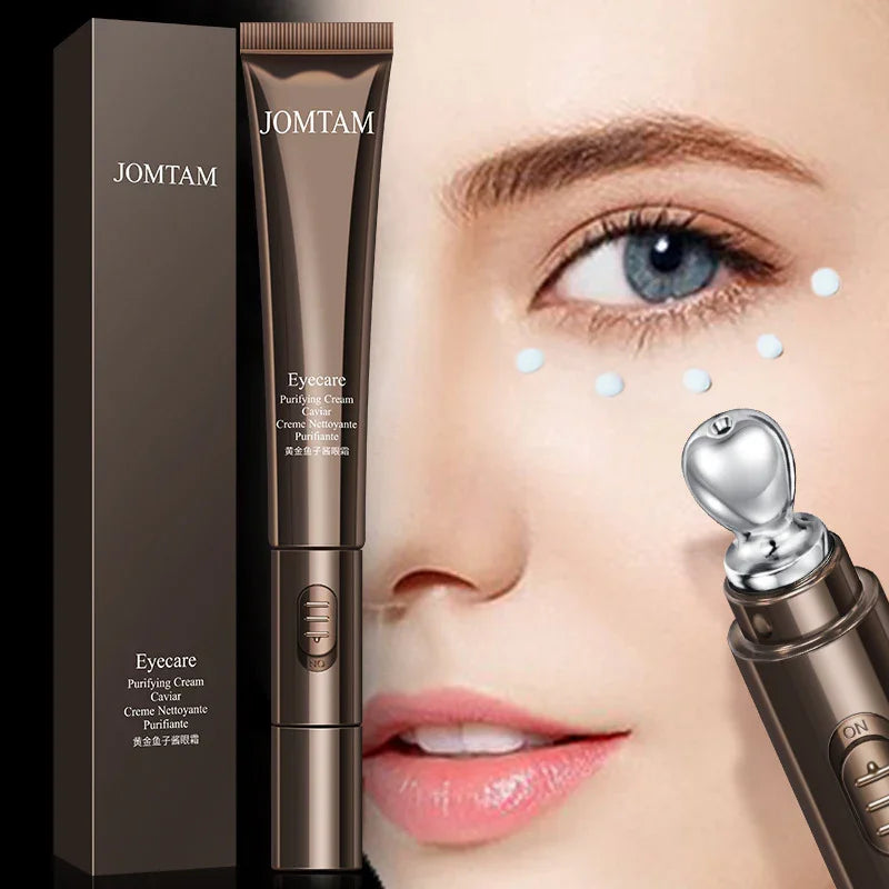 Metallic brown eye care cream tube with applicator, shown near woman&