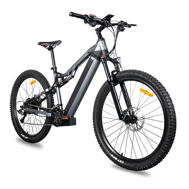 Sleek black and gray electric mountain bike with thick tires and front suspension