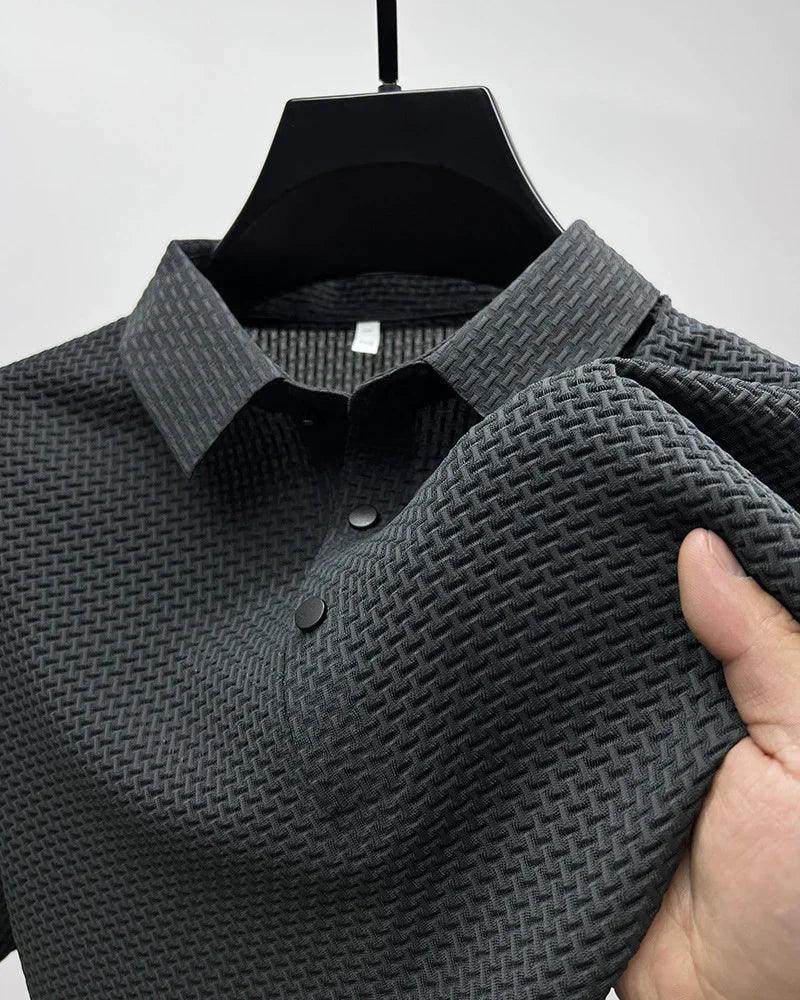Textured black short-sleeve polo shirt with waffle pattern and slim fit