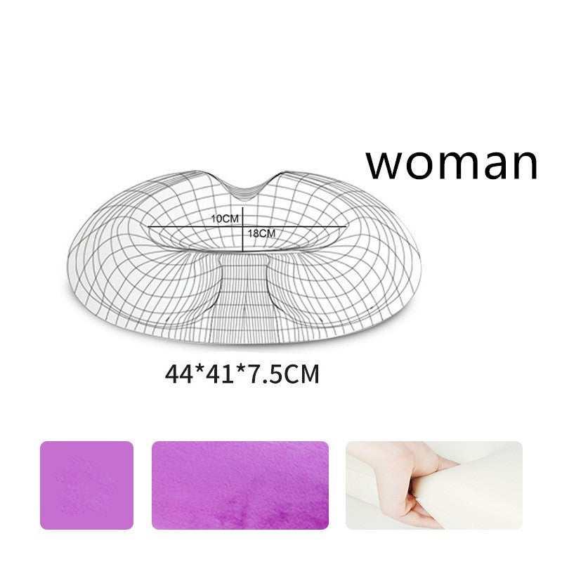 Curved ergonomic seat cushion with purple plush cover and memory foam, size 44x41x7.5cm