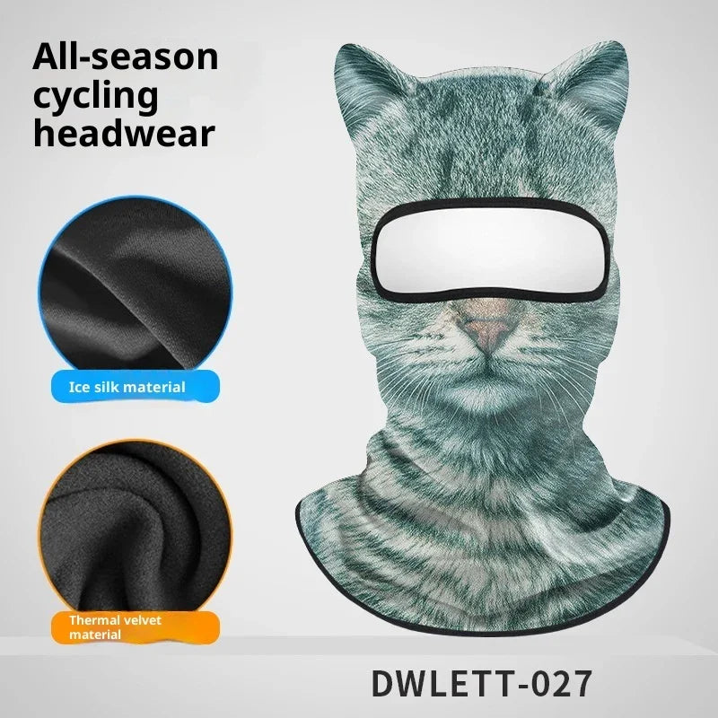 All-season cycling balaclava with a gray cat face print, made from ice silk and thermal velvet materials, full face mask with eye opening, modern streetwear accessory.
