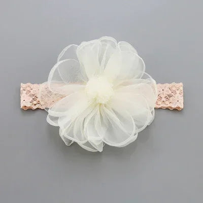 Sheer white flower headband with wide pink lace band, soft and delicate fit