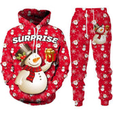 Red unisex Christmas tracksuit with snowman, Santa Claus, snowflake print, relaxed fit