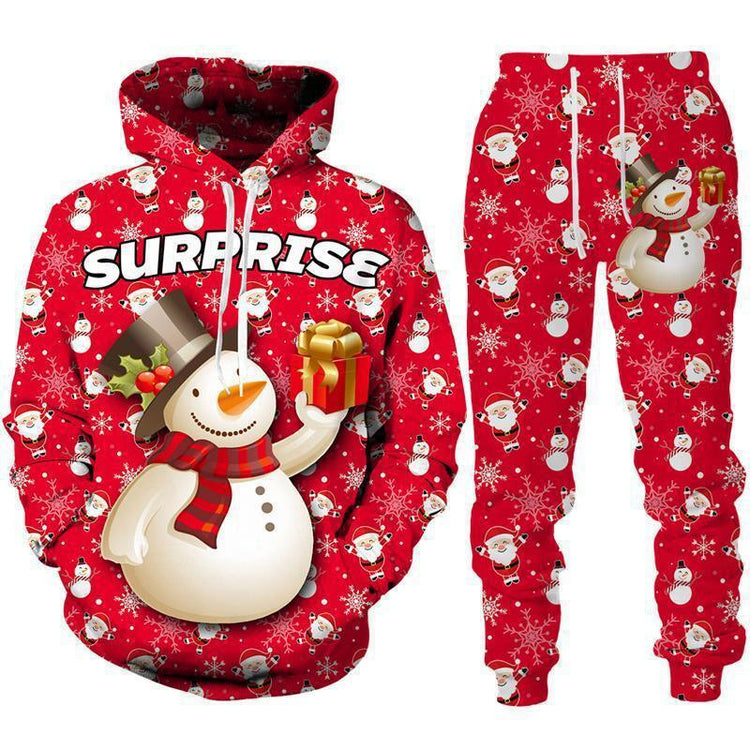 Red unisex Christmas tracksuit with snowman, Santa Claus, snowflake print, relaxed fit