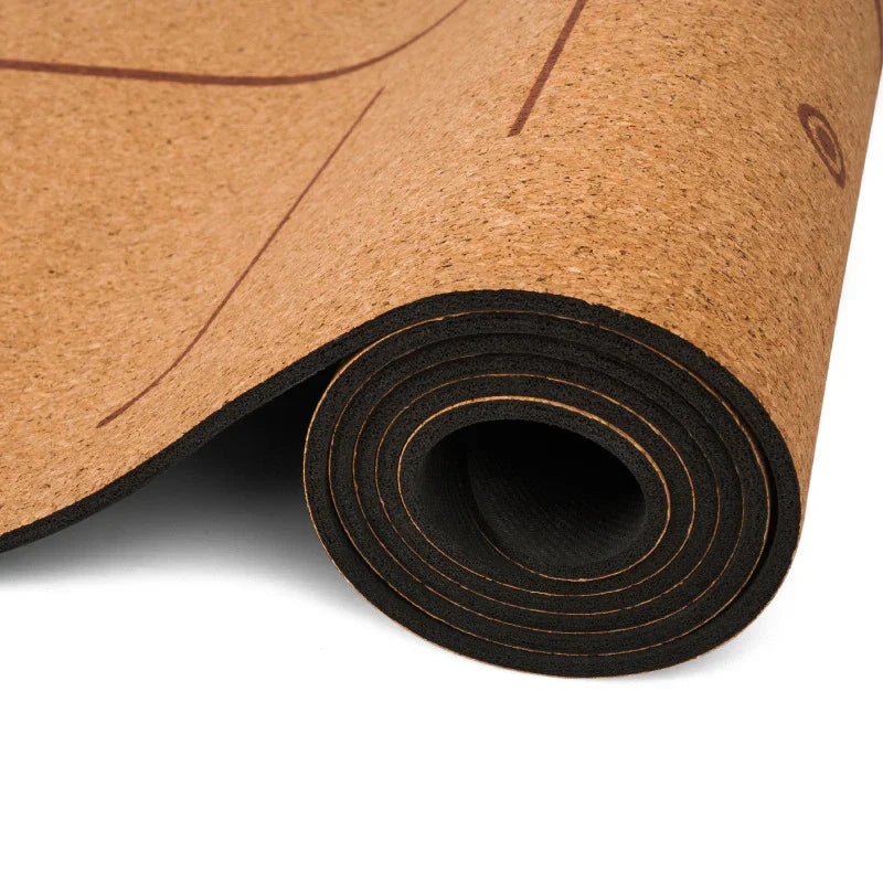 Rolled cork and black yoga mat with geometric pattern, non-slip, eco-friendly material