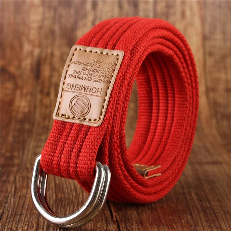 Red woven canvas belt with double metal D-ring buckle and brown leather accent, casual style