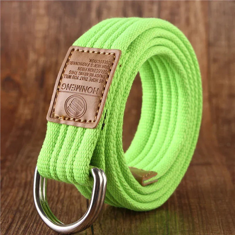 Neon green canvas belt with double D-ring buckle and brown stitched leather accent, unisex casual style.