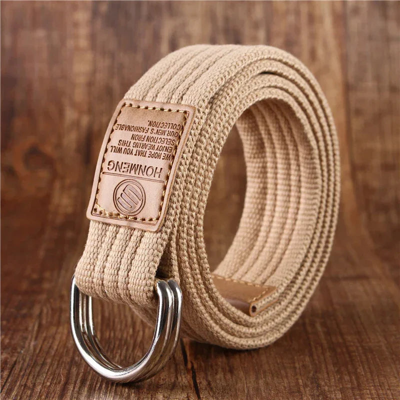 Beige canvas belt with double D-ring buckle, textured fabric, casual streetwear style